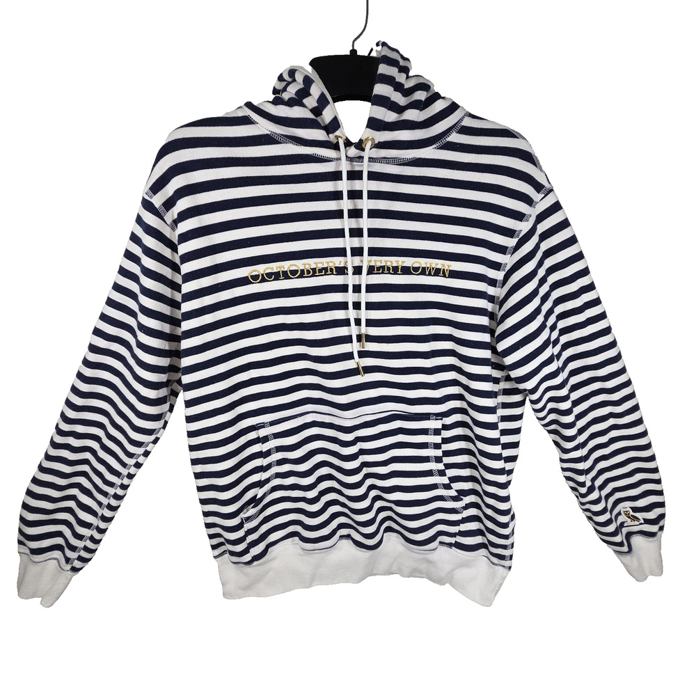 Octobers Very Own Hoodie Mens Large White OVO Owl Striped Pullover Sweatshirt